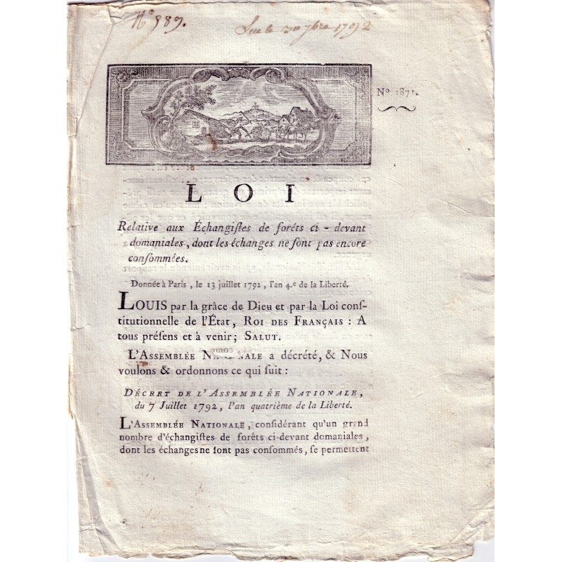 LOI - RELATIVE AUX ECHANGISTES DE FORETS - 13 JUILET 1792.