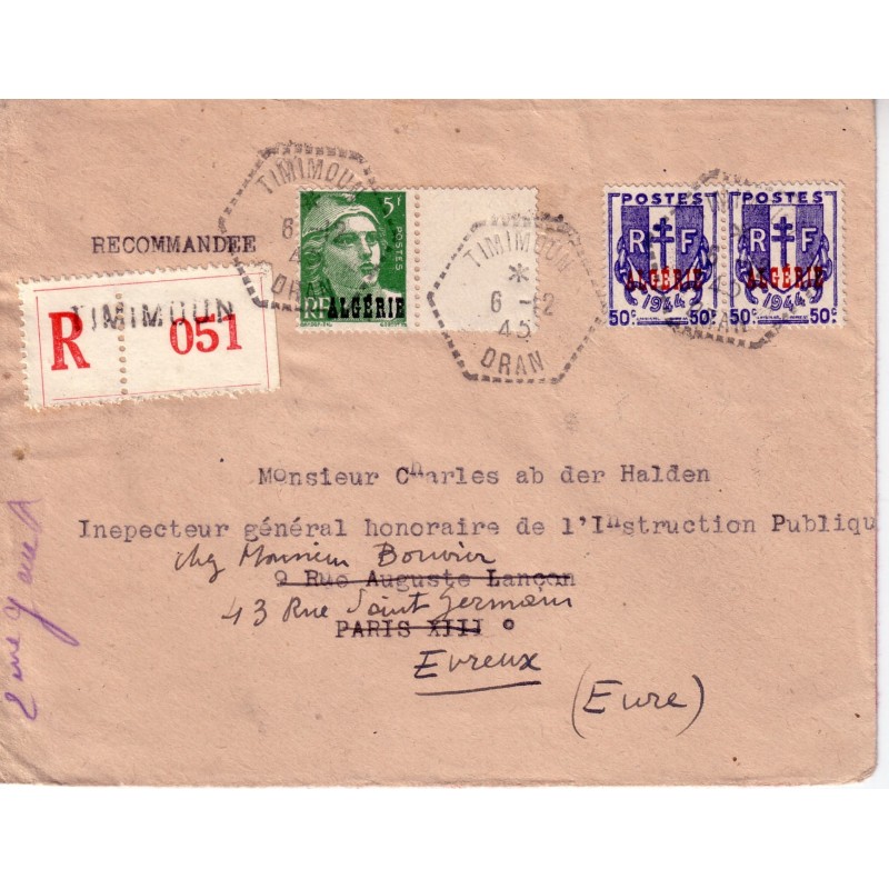 ALGERIE-TIMIMOUN ORAN- AGENCE POSTALE RECOMMANDEE DU 6-12-1945.