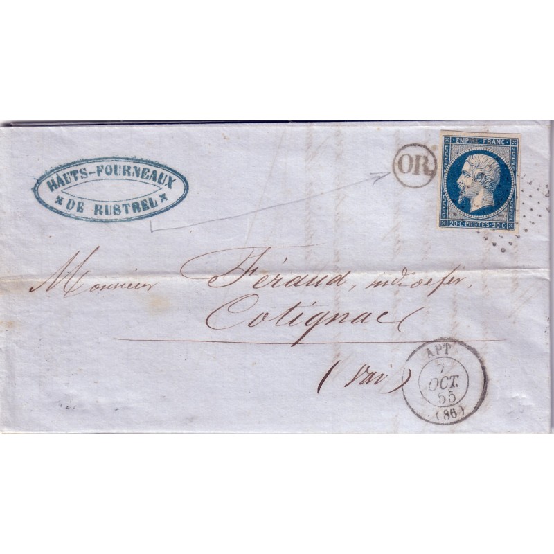 VAUCLUSE - APT - 7 OCTOBRE 1855 No14 OBLITERATION PC+OR DE RUSTREL.