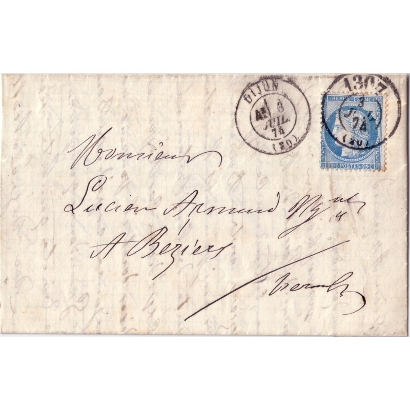 COTE D'OR - BUREAU DE PASSE 1307 / No60 DU 3-7-1874.