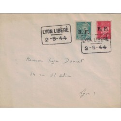 LIBERATION - RHONE - LYON - LIBERE LE 2-9-1944 - ENVELOPPE AVEC MERCURE ET PETAIN.