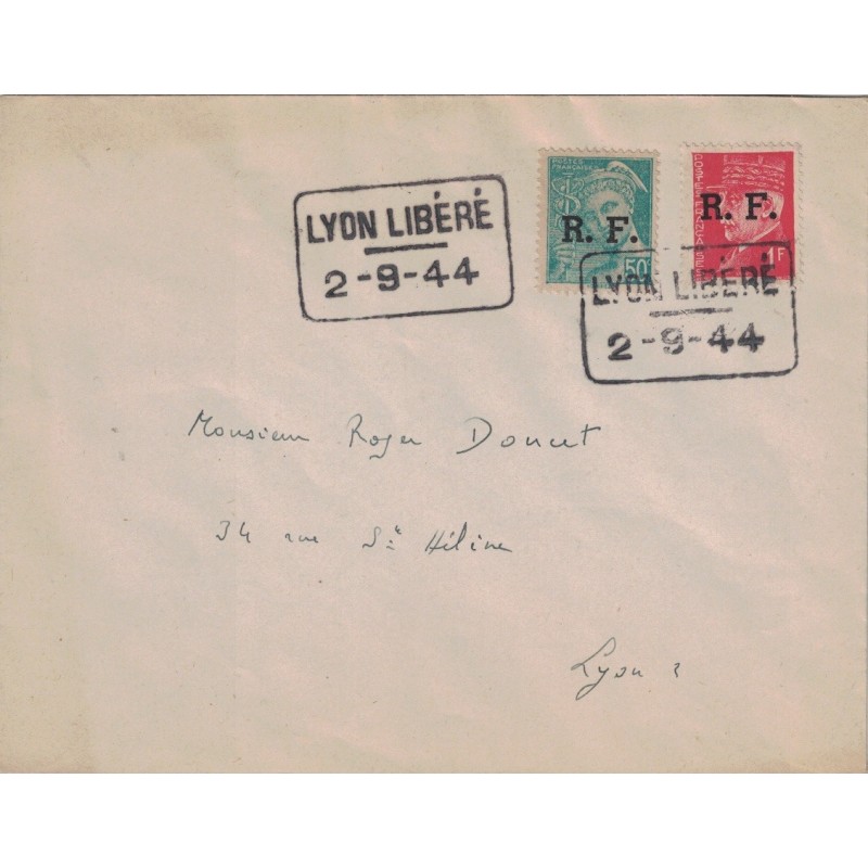 LIBERATION - RHONE - LYON - LIBERE LE 2-9-1944 - ENVELOPPE AVEC MERCURE ET PETAIN.