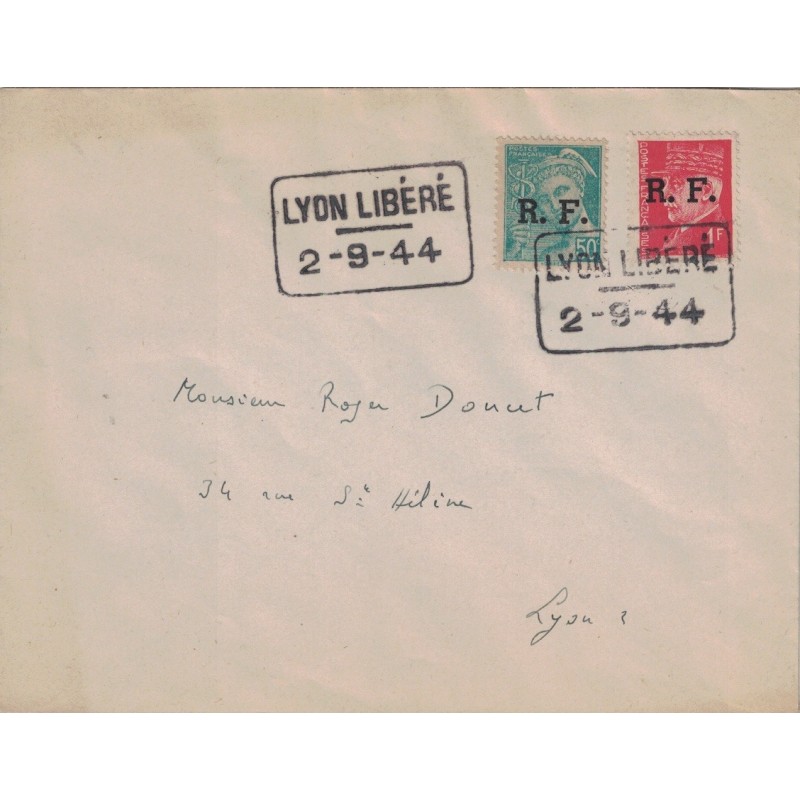 LIBERATION - RHONE - LYON - LIBERE LE 2-9-1944 - ENVELOPPE AVEC MERCURE ET PETAIN.