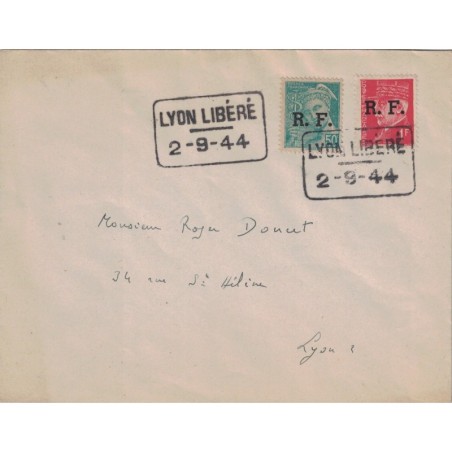 LIBERATION - RHONE - LYON - LIBERE LE 2-9-1944 - ENVELOPPE AVEC MERCURE ET PETAIN.