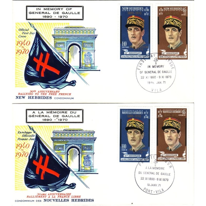 NOUVELLES HEBRIDES - GENERAL DE GAULLE - 2 ENVELOPPES LEGENDE FRANCAISE ET ANGLAISE.