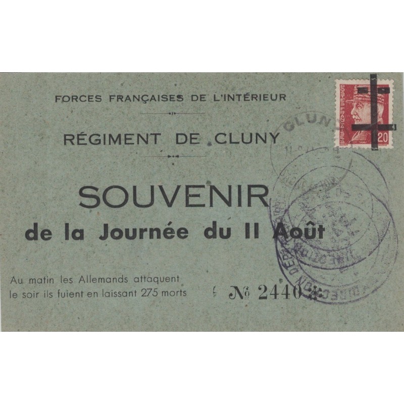 LIBERATION - CLUNY - SAONE ET LOIRE - LE 11-8-1944 - CARTE DU REGIMENT DE CLUNY - FFI.