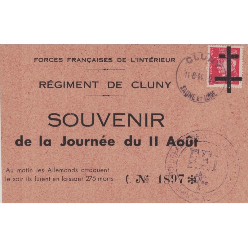 LIBERATION - CLUNY - SAONE ET LOIRE - LE 11-8-1944 - CARTE DU REGIMENT DE CLUNY - FFI.