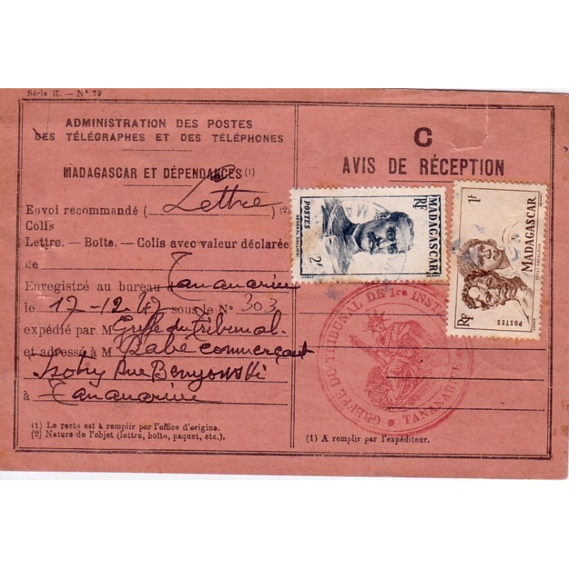 MADAGASCAR - AVIS DE RECEPTION - TRIBUNAL DE TANANARIVE -26-12-1947.