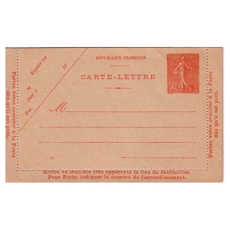 SEMEUSE LIGNEE - CARTE LETTRE -50c - NEUF.