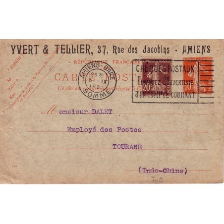SEMEUSE - CARTE POSTALE - 10c AVEC COMPLEMENT 20C POUR TOURANE INDOCHINE.