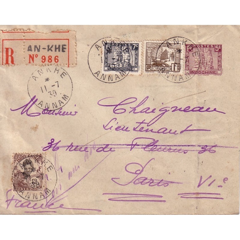 INDOCHINE - ANKHE DU 11-7-1939 - ENTIER POSTAL AVEC COMPLEMENT POUR LA FRANCE.