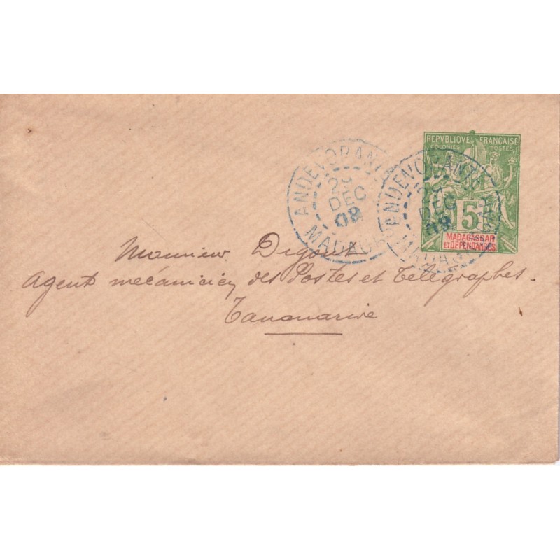 MADAGASCAR-ANDEVORANTE DU 29-12-1908-ENTIER POSTAL 5c TYPE GROUPE.