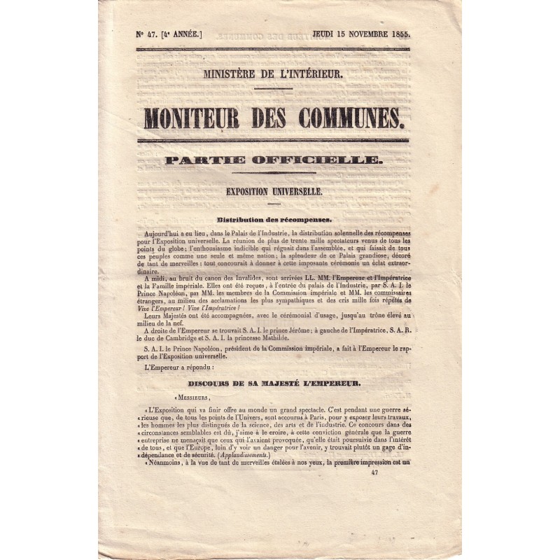 MONITEUR DES COMMUNES-GUERRE DE CRIMEE-EXPO UNIVERSELLE.