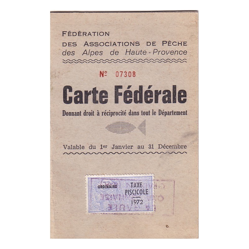 PERMIS DE PECHE-AVEC TIMBRE TAXE PISCICOLE-ANNEE 1972.