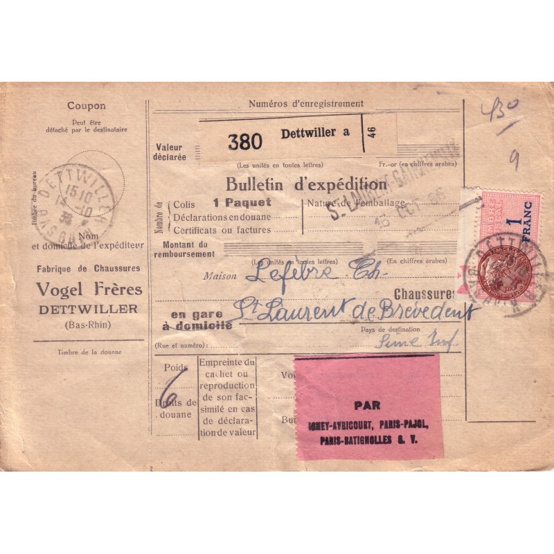 BAS RHIN-DETTWILLER 14-10-1936 BULLETIN D'EXPEDITION AFFRANCHISSEMENT MIXTE.
