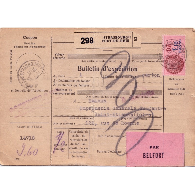 BAS RHIN-STRASBOURG 29-7-1939 - BULLETIN D'EXPEDITION AFFRANCHISSEMENT MIXTE.