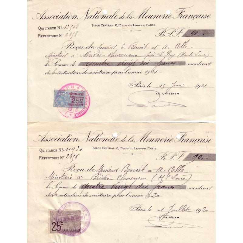 TIMBRE QUITTANCE - SUR 2 DOCUMENTS DE L'ASSOCIATION NATIONALE DE LA MEUNERIE FRANCAISE.