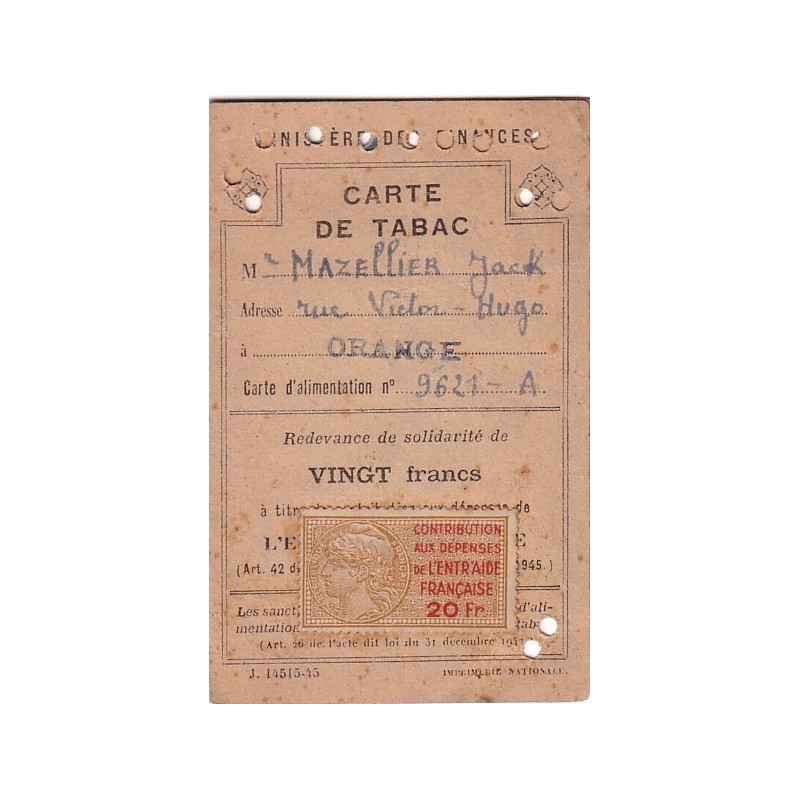 CARTE DE TABAC - ENTRAIDE FRANCAISE CONSTITUEE A ALGER.