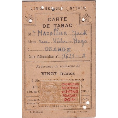 CARTE DE TABAC - ENTRAIDE FRANCAISE CONSTITUEE A ALGER.