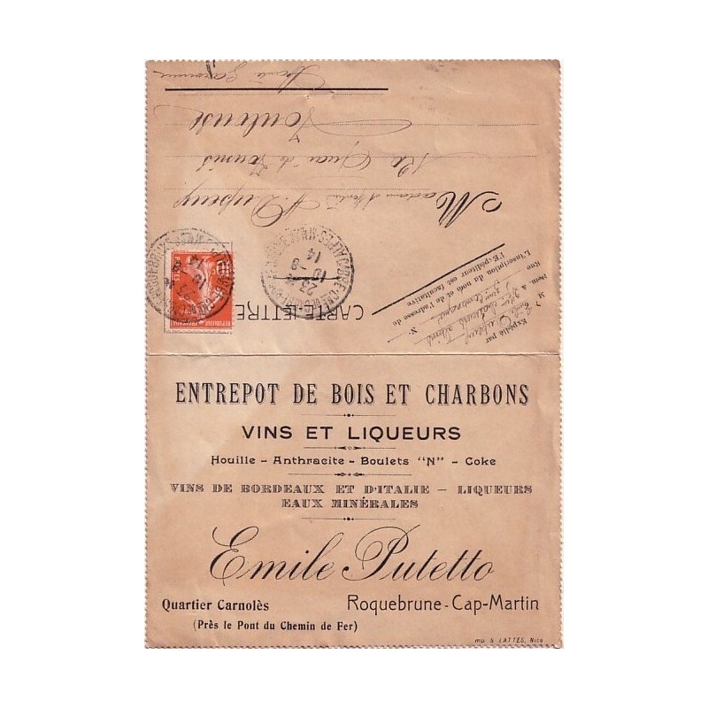 ALPES MARITIME - CABBE Cne CABBE ROQUEBRUNE - ENTREPOT BOIS ET CHARBONS VINS ET LIQUEURS.