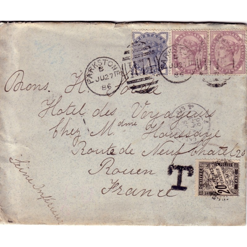 GRANDE BRETAGNE - LETTRE POUR LA FRANCE TAXE NOIRE BANDEROLLE No17 20c.