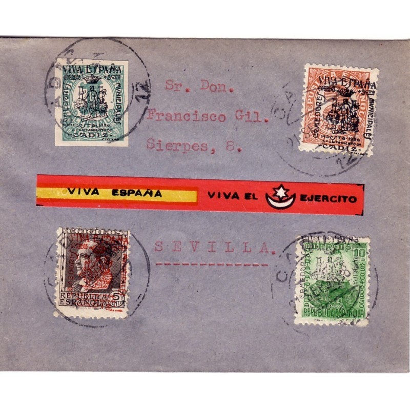 ESPAGNE - CADIX LE 21-9-1936-EMISSION NATIONALISTE-DRAPEAU AU CENTRE DE LA LETTRE.