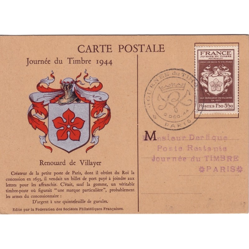 JOURNEE DU TIMBRE 1944 - PARIS - RENOUARD DE VILLAYER CREATEUR DE LA PETITE POSTE..