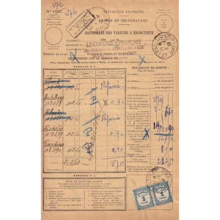 TAXE - No60 EN PAIRE SUR BORDEREAU DES VALEURS A RECOUVRER.