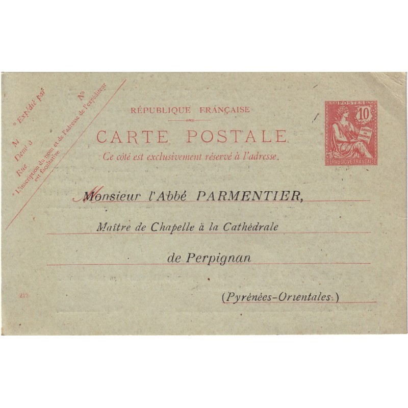 MOUCHON RETOUCHE - CARTE POSTALE - ENTIER POSTAL - 10c - REPIQUAGE ABBE PARMENTIER PERPIGNAN.