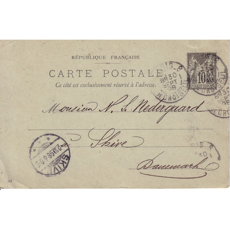 SAGE - ENTIER POSTAL 10c A DESTINATION DU DANEMARK DE PARIS LE 30-9-1898.