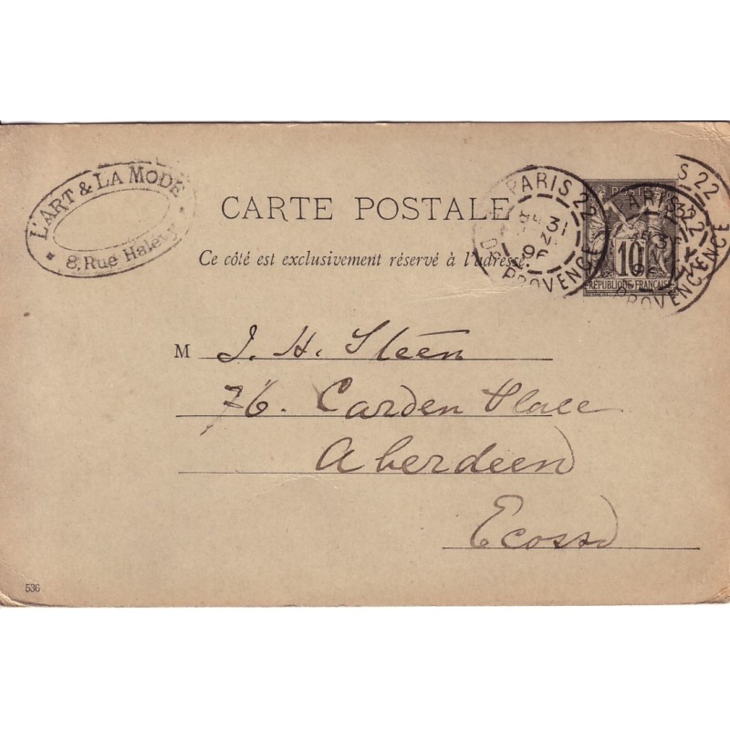 SAGE - ENTIER POSTAL 10c A DESTINATION DE L'ECOSSE DE PARIS LE 31-1-1896.