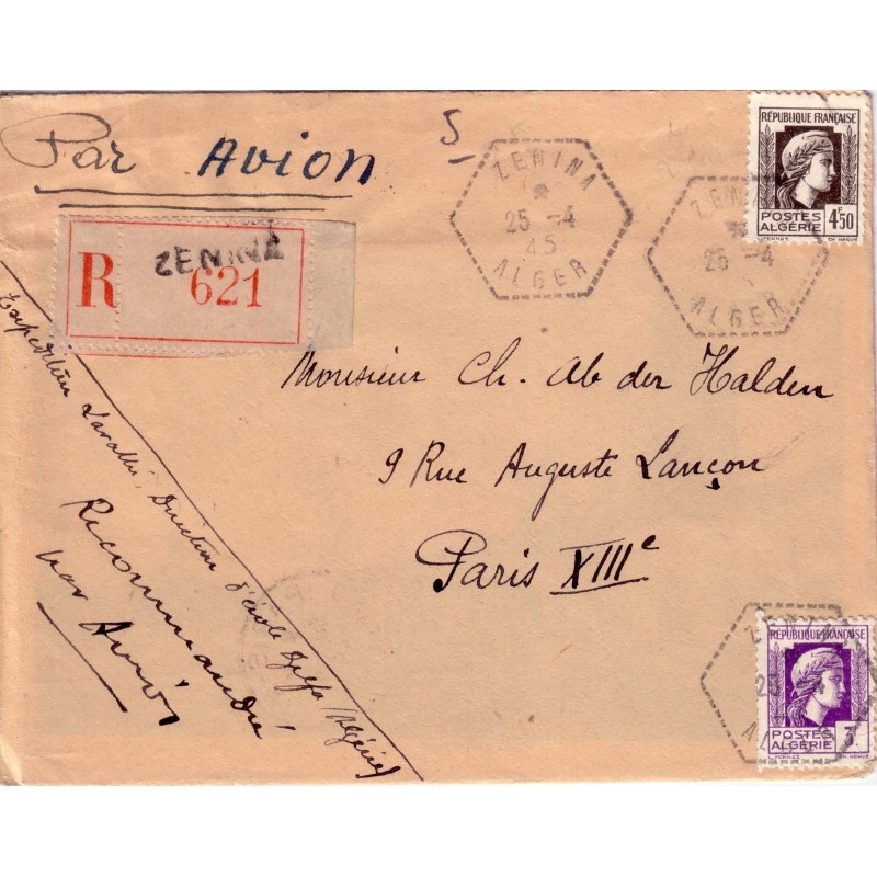 ALGERIE-ZENINA 25-4-1945 AGENCE POSTALE RECOMMANDE