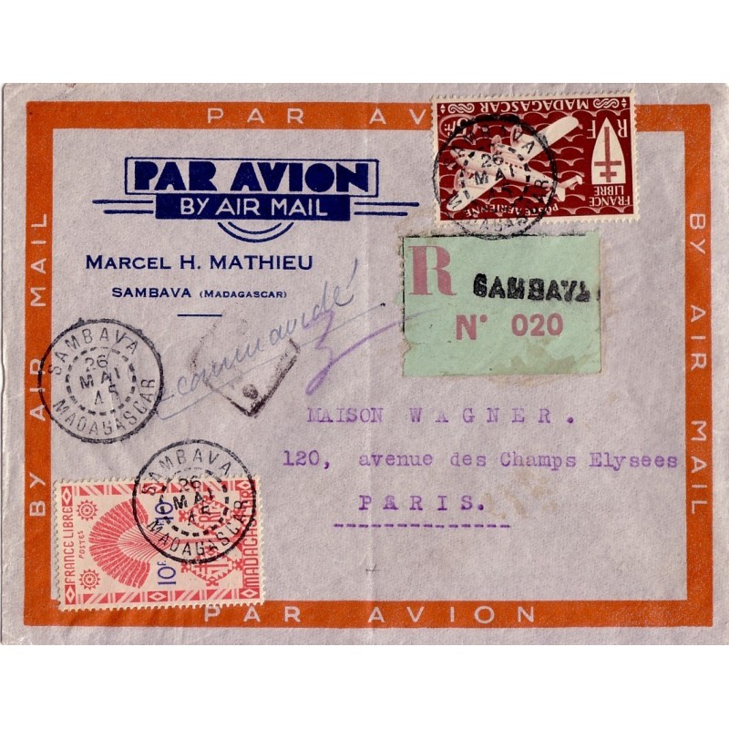 MADAGASCAR - SAMBAVA 26-5-1945 + ETIQUETTE LOCALE DE RECOMMANDATION.