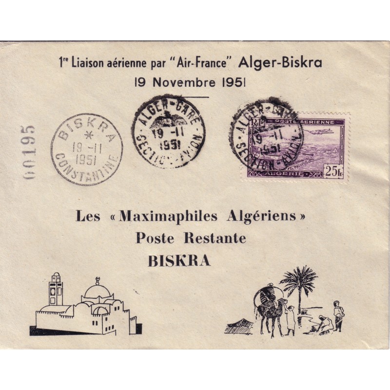 ALGERIE - ALGER GARE SECTION AVION 19-11-1951 - 1er LIAISON ALGER BISKRA.