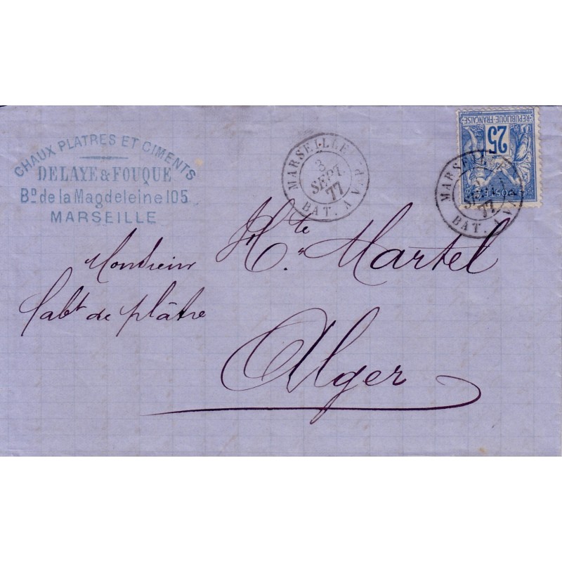 ALGERIE - MARSEILLE BAT.A VAP. LE 3-9-1877 SUR 25c SAGE.