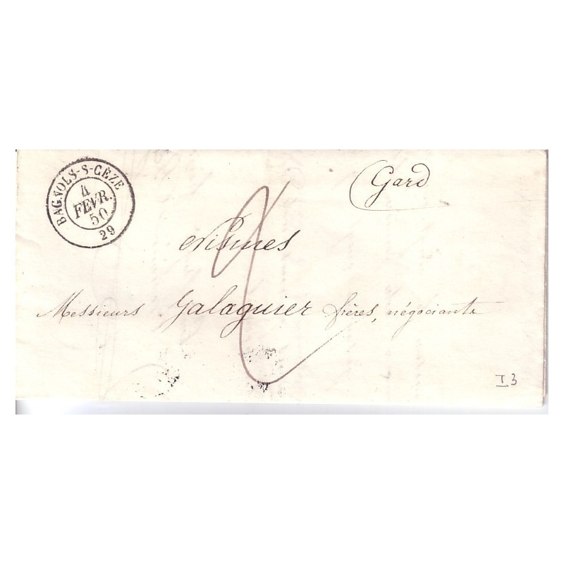 GARD - BAGNOLS-S-CEZE DU 4 FEVRIER 1850 + TAXE 2.