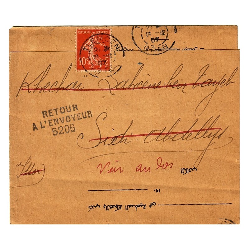 ALGERIE - TLEMCEN 19-12-1907 SUR 10c SEMEUSE - RETOUR ENVOYEUR 5206 ALGERIE - TLEMCEN 19-12-1907 SUR 10c SEMEUSE - RETOUR ENVOYEUR 5206