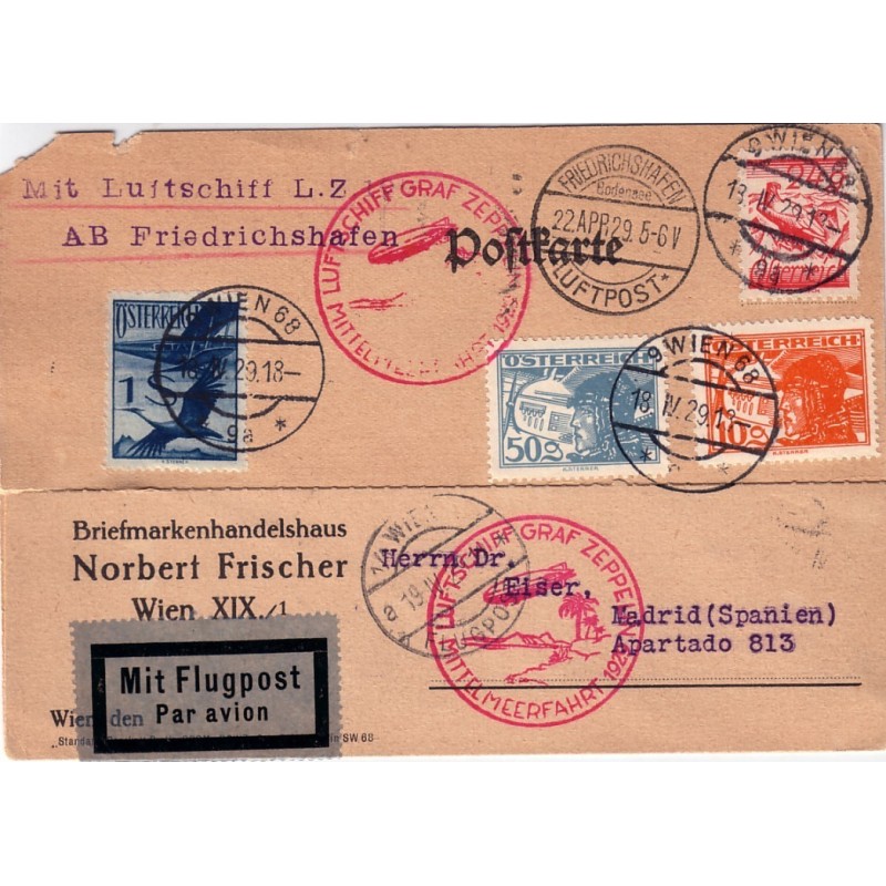 AUTRICHE - ZEPPELIN - VOL MITTELHEERFAHRT DE 1929 - VIENNE-FRIEDRICHSHAFEN-SEVILLE.