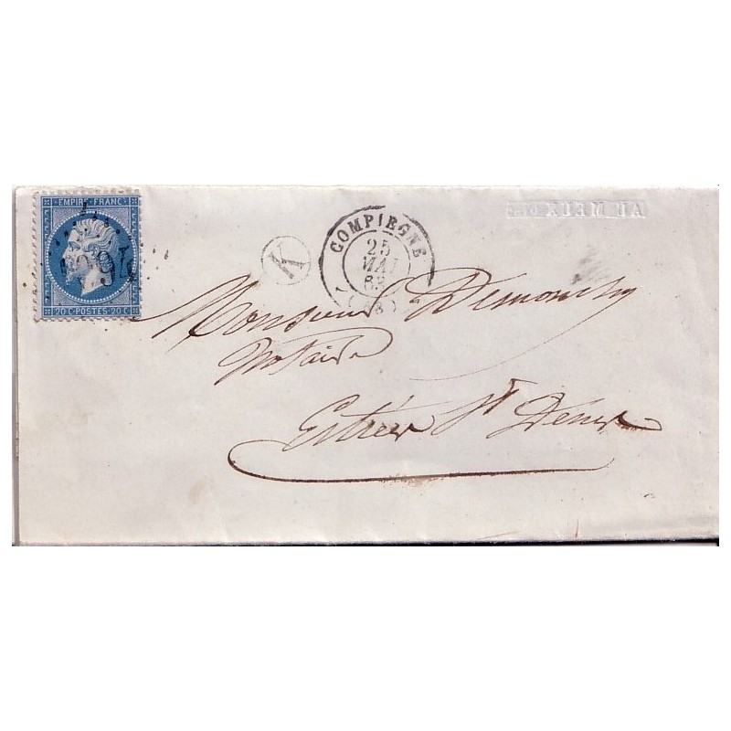 OISE - COMPIEGNE  25-5-1863 No22 OBLITERATION GC1094 + BOITE RURALE K DE MEUX.