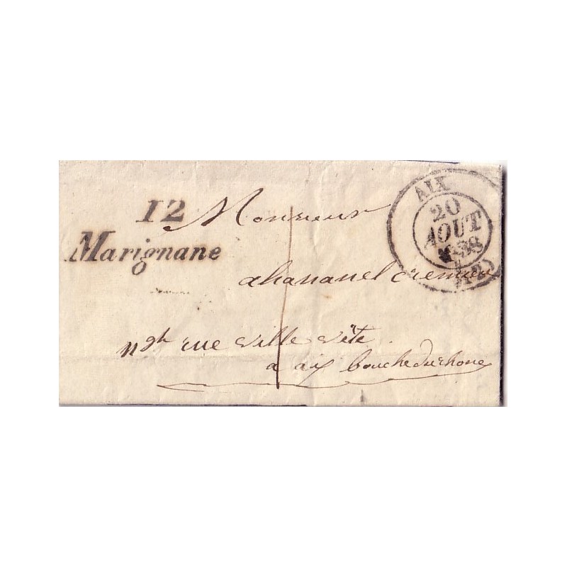 BOUCHES DU RHONE - 12 MARIGNANE CURSIVE + CACHET AIX 20-8-1838 + TAXE 1.