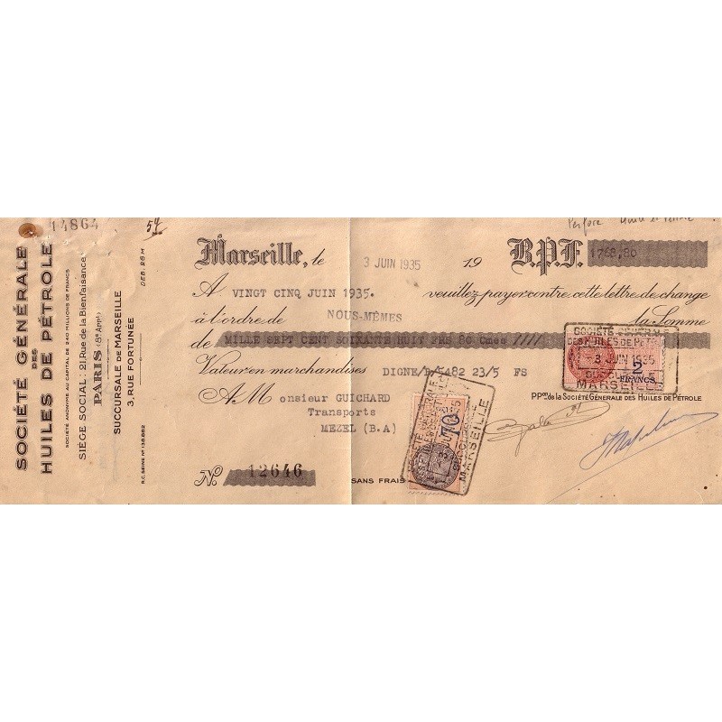 HUILE ET PETROLE - SOCIETE GENERALE - TIMBRE FISCAUX AVEC PERFORATION.