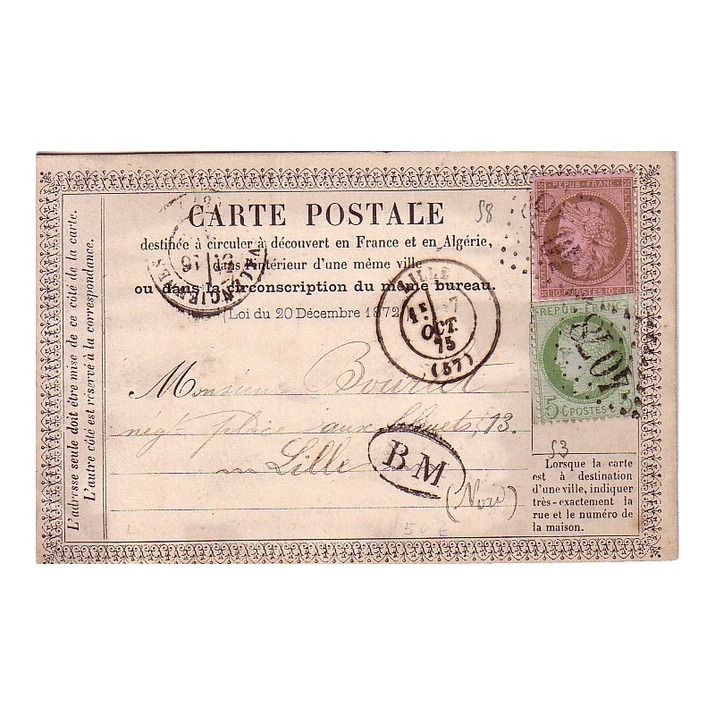 NORD PAS DE CALAIS - VALENCIENNES 16-10-1875 No53+58 OBLITERATION GC4078 / CARTE PRECURSEUR + BM..