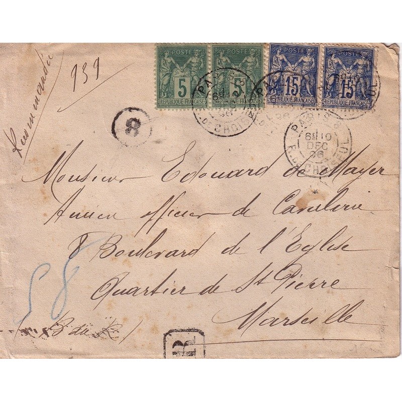 PARIS - RUE DE CHOISEUL - LETTRE RECOMMANDEE AVEC No90 EN PAIRE ET No75 EN PAIRE DU 10-12-1896.