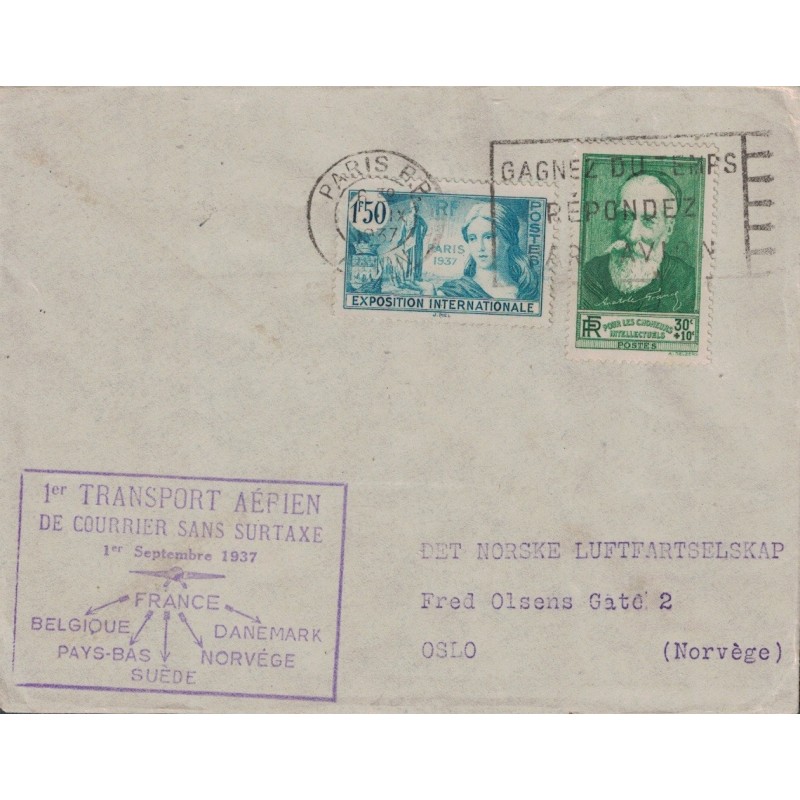 PARIS - 1er COURRIER AERIEN SANS SURTAXE POUR OSLO NORVEGE - LE 1-9-1937.