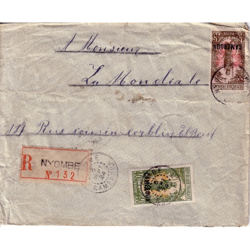 CAMEROUN - NYOMBE 6-9-1924 - LETTRE RECOMMANDEE POUR LA FRANCE