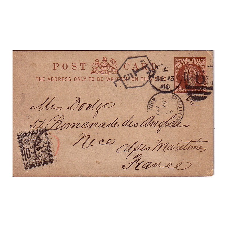 GRANDE BRETAGNE - ENTIER POSTAL POUR LA FRANCE AVEC TAXE 10c BANDEROLE NOIRE.