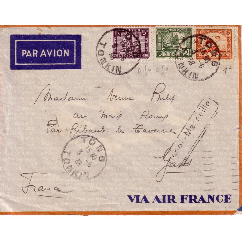 INDOCHINE -TONKIN - TONG LE 3-6-1938 - GRIFFE HANOI-MARSEILLE - ENVELOPPE POUR LA FRANCE.