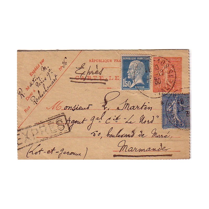 PASTEUR - ENTIER POSTAL SEMEUSE + COMPLEMENT - CARTE LETTRE EXPRES DE PARIS LE 29-12-1930.