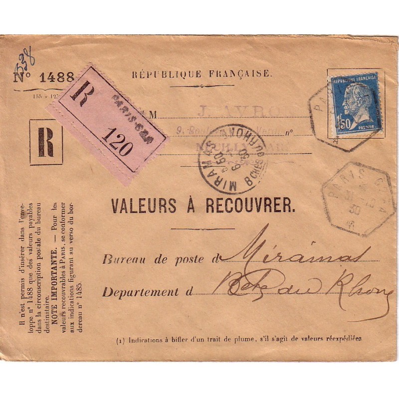 PASTEUR - 1F50 SEUL SUR LETTRE RECOMMANDEE VALEURS A RECOUVRER - CACHET RECETTE AUXILIAIRE PARIS 62 A LE 31-10-1930.