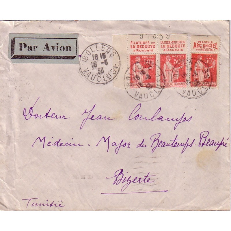 TYPE PAIX - 50c AVEC PUB HAUT DE CARNET - DE BOLLENE VAUCLUSE LE 18-6-1933 POUR UN NAVIRE DE GUERRE. TYPE PAIX - 50c AVEC PUB HAUT DE CARNET - DE BOLLENE VAUCLUSE LE 18-6-1933 POUR UN NAVIRE DE GUERRE.
